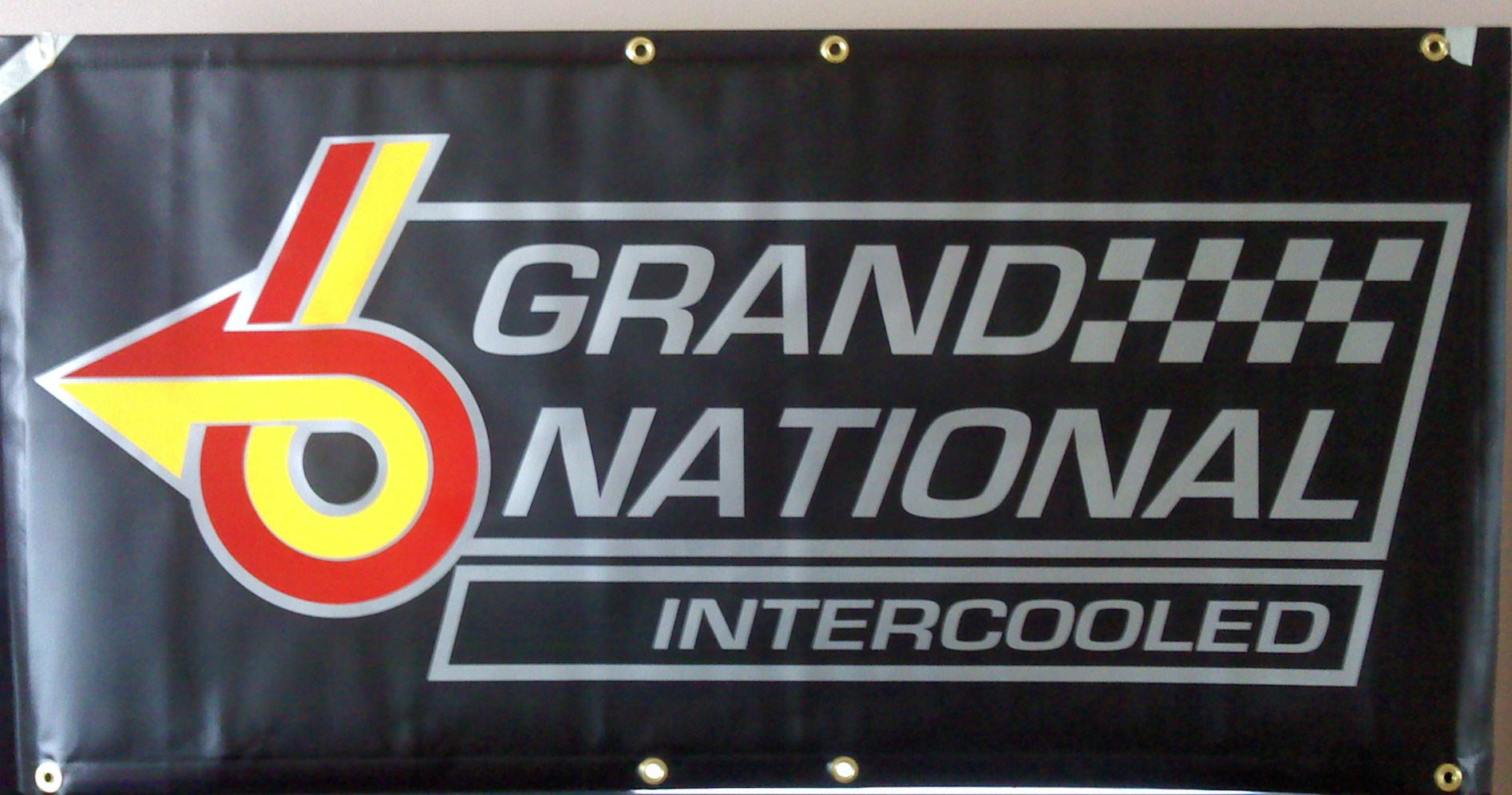 Grand National Intercooled 4 FT x 2 FT premium 13 oz vinyl banner, black with red and yellow lettering